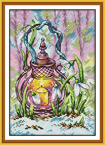 Image of CaptainCrafts New Cross Stitch Kits Embroidery Kit Full Range Pre-Printed and Counted Fabrics Kits for Adults Beginners Home Decor (Stamped 11CT, Spring Lantern)