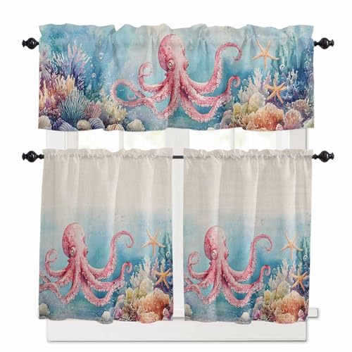 Octopus Kitchen Curtains 36 Inch Length, 3 Piece Rod Pocket Small Half Tiers and Valance Set, Ocean Coastal Starfish Watercolor Blue Coral Small Large Window Treatment Decor for Bedroom/Bathroom Sink