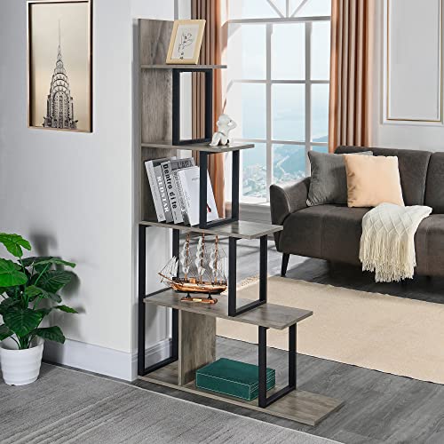 MODERION Regal, Wandregal,Bücherregal mit 5 Ebenen, Leiterregal,für Wohnzimmer, Schlafzimmer, Küche, T-förmiges Design,(160 x 90x25 cm) (Grau)