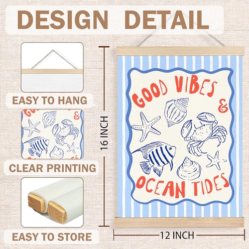 Image of PQKIY Coastal Summer Wall Art Poster Hanger Frame 12x16 in, Trendy Blue Striped Ocean Beach Sea Life Crab Starfish Fish Wall Decor Canvas Prints for Beach House Room Home Bedroom