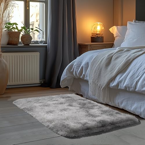 Zentavio Bedside Rugs Small 2x3 Shag Entry Entrance Rugs Soft Bedroom Carpet Area Rugs for Dorm College Essentials Non-Slip Living Room Throw Rug Home Decor Aesthetic Nursery Tie-Dyed Grey White
