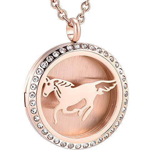 Zircon Inlay 316L Stainless Steel 30mm Round Aromatherapy Essential Oils Diffuser Necklace Locket Pendant with Horse Pattern