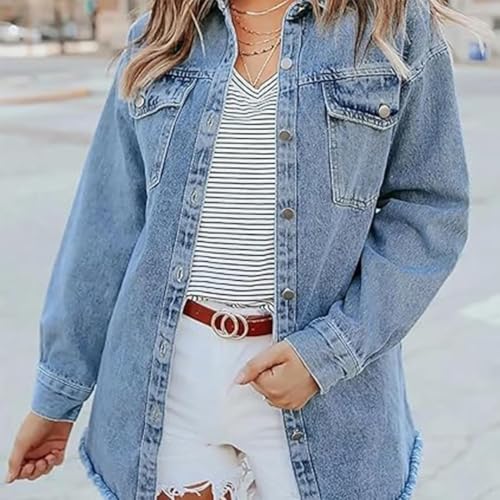 Meditatem Denim Jacket,Oversized Button Up Frayed Hem Shacket Streetweard Outerwear Casual Denim Button Distressed Jacket3