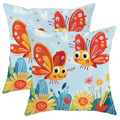 GDHBLING Cartoon Kids Butterflies Pillow Cases Kit of 2, Soft Cute Spring Anime Printing Throw Pillow Covers 20x20 Set, Fun Funny Velvet Decor for Couch Living Room Bed