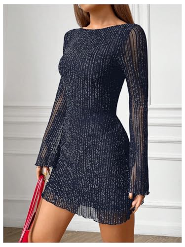 Image of Milumia Women's Sparkly Mesh Long Sleeve Short Dress Backless Glitter Mini Dresses