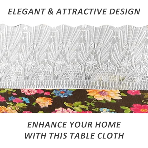 Image of Dakshya Industries 6 Seater PVC Waterproof Dining Table Cover 60x90 Inch | Floral Printed Washable Table Cloth with Lace Border