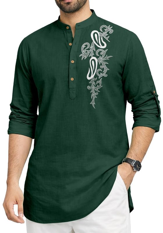 Image of Cotton Blend Self Design Printed Casual Short Kurta for Men Long Sleeve Mandarin Collar Stylish Kurta Shirt for Men