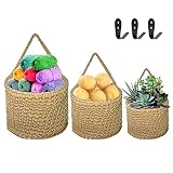 Gkesgm 3 Sizes Woven Hanging Basket with 3 Hooks for Pantry,Potato and Onion Hanging Wall Baskets St