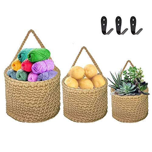 Gkesgm 3 Sizes Woven Hanging Basket With 3 Hooks For Pantry,Potato And Onion Hanging Wall Baskets Storage,Flower Plants Wall Basket,Bohemian Handwoven Decor #TOP28