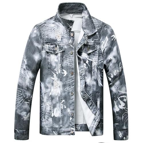 CIVYCEBY Denim Jeans Jackets For Men Slim Fit Destroyed Fashion Ripped Vintage Coat Gray Jeans Jacke (1817-XXL)