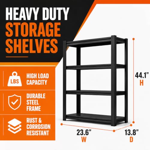 Image of Metal Garage Shelving Unit, Heavy Duty 4-Tier Adjustable Storage shelves, 2000 LBS Industrial Shelves for Heavy Tools and Equipment, Ideal for Garage, Basement, Black, 23.6 inchWx 13.8 inchDx 44.1 inchH