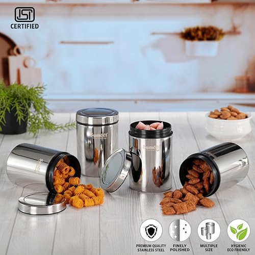 Image of Sumeet ISI Certified Stainless Steel Air Tight Storage Container /Jar /Canister /Dabba with Threading Screw Cap for Kitchen - Pack of 4Pc, 8.3cm, 550ml, Silver