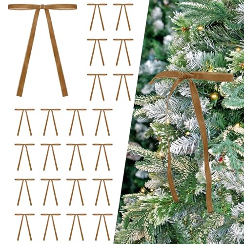 Image of Set of 24 Camel Brown Velvet Bows Ornaments for Christmas Tree, Vintage Rustic Elegant Velvet Bows Decor, Xmas Home Decoration for Wreath Mantle Gift Wrap Holiday Decor, 3 /8'' Wide, 5 * 7 inch