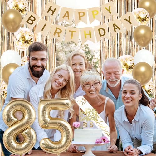 Image of Trgowaul 85th Birthday Decorations for Women, Banner, Sash and Crown, Cake Topper, 85 Number Balloon, Fringe Curtains, Champagne Gold 85th Birthday Party Supplies