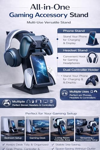 Image of Dual Controller & A-Stand for PS5 and Xbox - Gaming Headset Holder & Controller Organizer | PlayStation 5 Accessories | Black