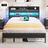 Bett 140×200 mit LED Beleuchtung & Ladestation (3 USB&1 Typ-C-Anschluss),Metallbett mit Lattenrost Bettgestell mit Stauraum Kopfteil aus Leinen,Jugendbett Einzelbett Gästebett Bettrahmen (140×200cm)