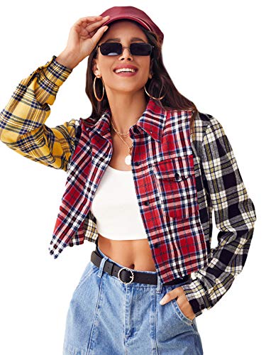SweatyRocks Women's Cute Color Block Long Sleeve Crop Tops Plaid Button Down Blouse