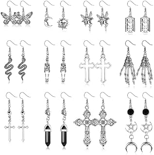 CASSIECA 12 Pairs Gothic Earrings for Women Goth Vintage Grunge Earrings Retro Silver Punk Rock Earrings Skeleton Sword Bat Snake Heart Dangle Drop Earrings Dangle Earrings Set for Halloween