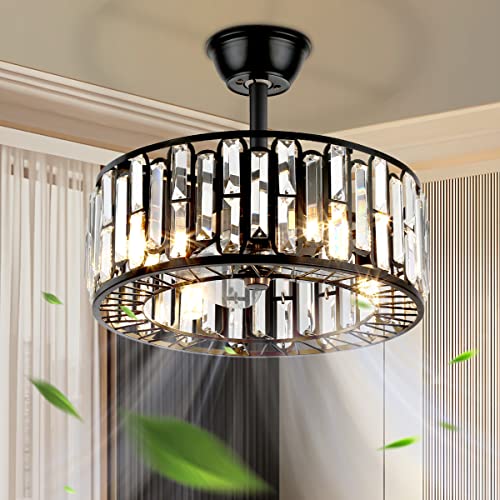 18” Crystal Caged Ceiling Fan with Light Black Bladeless Ceiling Fans with Lights and Remote Modern Industrial Chandelier Fan for Living Room Bedroom Kitchen