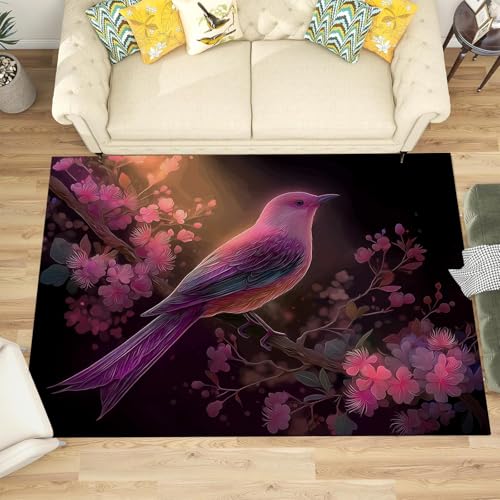 Tapis cerisier en fleurs oiseau rose violet grand format lavable machine