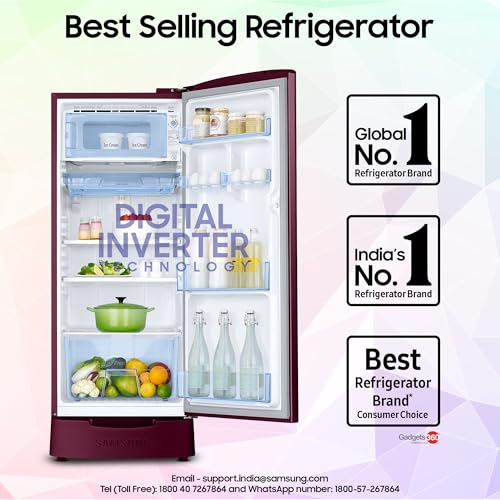 Image of Samsung 183 L, 5 Star, Digital Inverter, Direct-Cool Single Door Refrigerator (RR20D2825HN /NL, Himalaya Poppy Red, Base Stand Drawer)