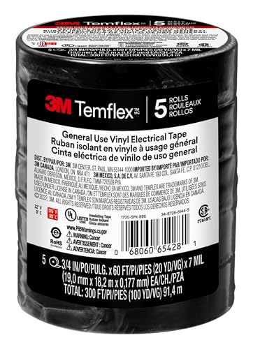 Image of 3M Temflex General-Purpose Vinyl Electrical Tape (1700), 3 /4 in. x 60 ft., 7 Mil, Black, 5 Rolls
