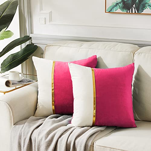 Image of Fancy Homi 2 Packs Hot Pink Decorative Throw Pillow Covers 20x20 Inch for Living Room Couch Bed Sofa, Fuschia and White Velvet Patchwork with Gold Leather, Luxury Home Decor Square Cushion 50x50 cm