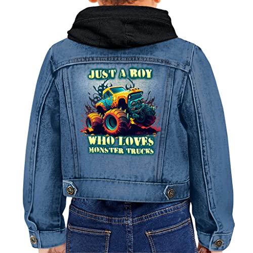 Just a Boy Toddler Hooded Denim Jacket - Trucks Fan Jean Jacket - Cartoon Denim Jacket for Kids
