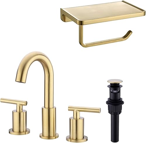 Grifo de baño dorado cepillado con conjunto de drenaje desplegable y soporte de papel higiénico, 2 manijas de 8 pulgadas, dispensador de papel en