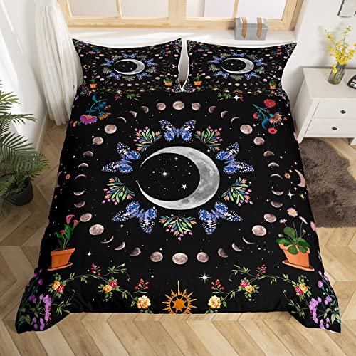 Homewish Juego de funda de edredón de luna bohemia con mariposas azules para niñas y niños, funda de edredón botánica doble, rosa, naranja, morado, flores, funda de colcha de estrellas de galaxia,
