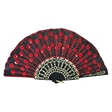  Vosarea Faltfächer Pailletten Pfau Fächer Vintage Stil Retro Handfächer Spanischer Fächer Hochzeit Party Deko(Rot)