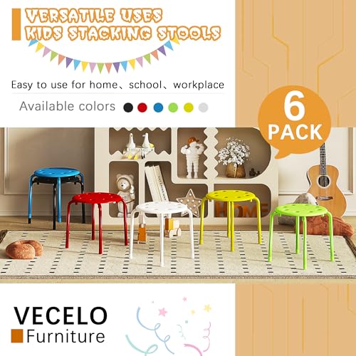 Image of VECELO 6-Piece Stacking Stools for Classroom, 12 Inch Height, Decoration Flexible Seating for Schools, Pink