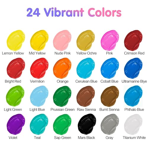 Image of 24 Colors(9.5ml /Tube) Acrylic Paints for Artists(22 Basic & 2 Metallic Colours), Ideal Acrylic Art Set for Canvas, Wood, Rock Painting, School /Classroom Art Supplies Essentials for Kids & Adults