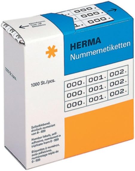 HERMA Number Labels 0-999, Double, 2000 Pieces, 22 x 10 mm, Self-Adhesive, Matte, Double Sequential Paper Number Labels, Asset Numbers in Dispenser Box, Red Printed