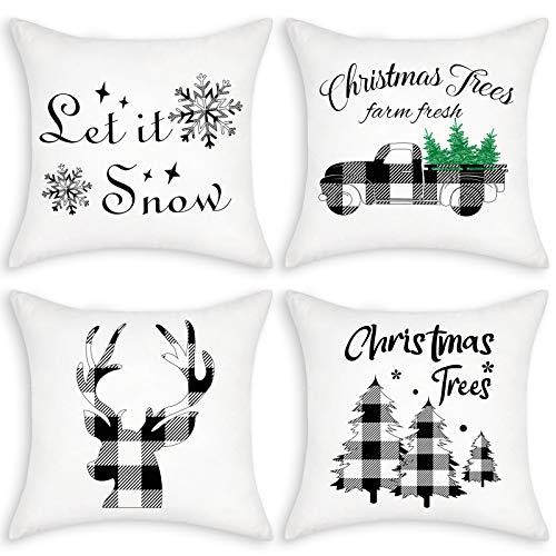 Yastouay Juego de 4 fundas de cojín navideñas, color blanco y negro de búfalo a cuadros, fundas de almohada para cama, sofá, sala de estar, coches, 45,7 x 45,7 cm