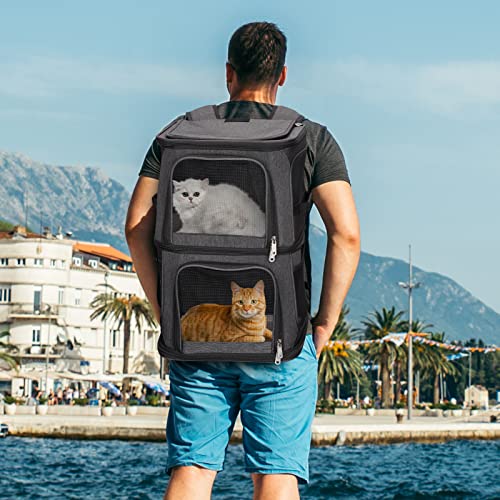 FASRIOU Katzenrucksack für 2 Katzen bis 12kg, Katzentransportbox für 2 Katzen, Große Haustier Rucksack für kleine Hunde, Katzentransporter mit Abnehmbarer Matte und atmungsaktivem Mesh, Schwarz