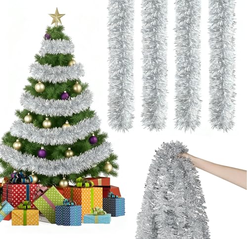DEXYZZY 4 guirnaldas de espumillón de 2 m, decoración navideña, adornos para árbol de Navidad, guirnaldas para árbol de Navidad, guirnaldas de bodas, fiestas, decoración de techo, color plateado