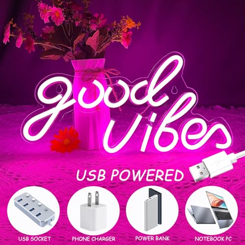 Image of Good Vibes Neon Sign Pink Good Vibes Neon Lights USB Operated Aesthetic LED Signs for Bedroom Wall Decor Birthday Party Wedding Salon Bar Home Girl Cave