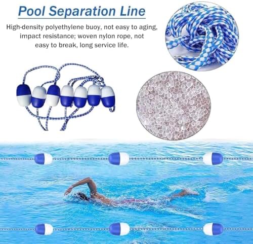 Swimming Pool Safety Rope with Floats 9FT-100FT, Durable Buoy Line with Hooks, Pool Divider for Lane Marking & Hazard Warning, Ideal for Home Pools, Water Parks & Hotels, Blue & White (44ft/13.4m)