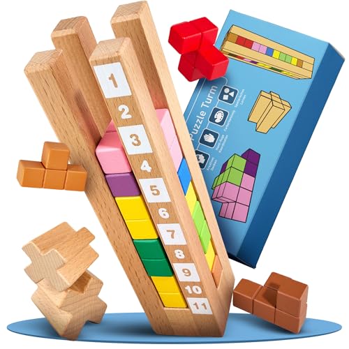 Puzzle Brain Tower de madera a partir de 3 años – Juego de lógica con 3 niveles de dificultad y 21 niveles – Montessori juguetes educativos para niños – Aprender colores y números, juego mental para