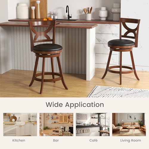 COSTWAY Butaco Set de 2, Sillas giratorias de 24 pulgadas con cojín suave y respaldo hueco elegante, reposapiés de madera de caucho, taburetes giratorios tapizados para isla de cocina, pub, café miniatura 7