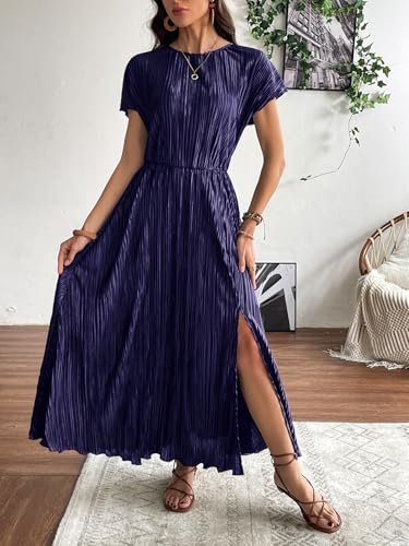 Image of CCTOO Womens Summer Maxi Dresses: Casual Short Sleeve Crewneck Slit Sundress Ruffle Pleated Long Flowy Party Cocktail Dress