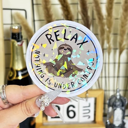 Image of 3 Pcs Relax Nothing is Under Control Sticker Chilling Sloth Yoga Stickers, Funny Sarcastic Adults Decal Inspirational Quote - Vinyl Sticker 3 Inches for Water Bottles Laptop Phone (Hologram, 3 inch)