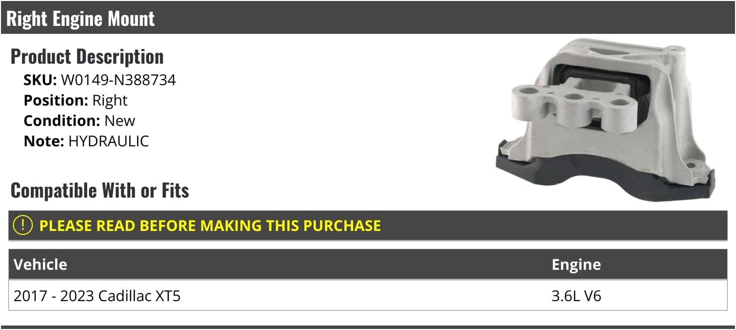 Right Passenger Side Engine Mount - Compatible with 2017-2023 Cadillac XT5 3.6L V6