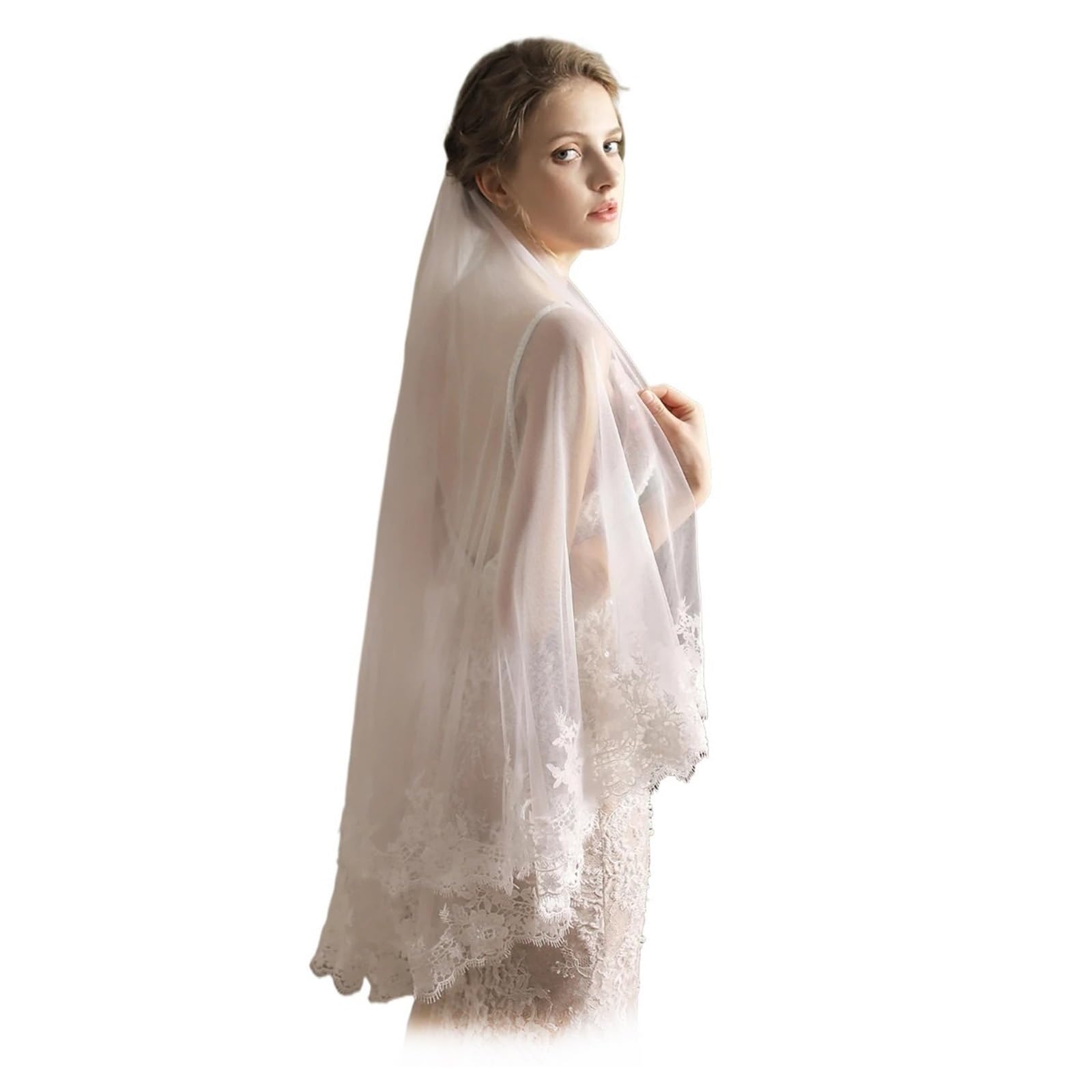 Hochzeitsschleier for Frauen, Brauthaarschmuck, Verlobung, handgefertigter, applizierter 2-lagiger Schleier mit Randkante, elegantes Brautaccessoire