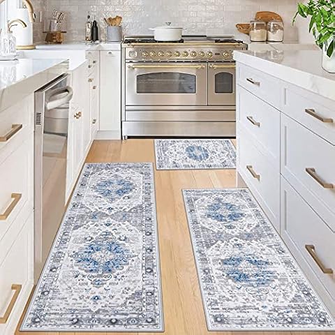 Ileading Kitchen Rugs Sets of 3 Boho Kitchen Floor Mat Carpets Non Skid Kitchen Rugs and Mats Washable Kitchen Runner Rugs for Kitchen Floor Hallway Living Room Laundry Entryway Cover