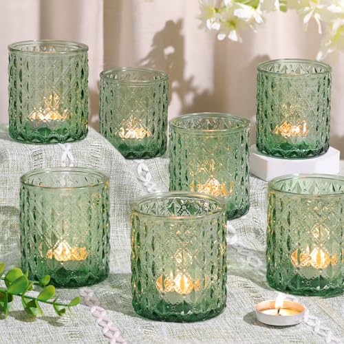 8Pcs Large Votive Candle Holders Green Tea Light Candle Holders Glass Candle Holder for Wedding, Bridal Shower, Table Centerpiece, Party, Home Decor