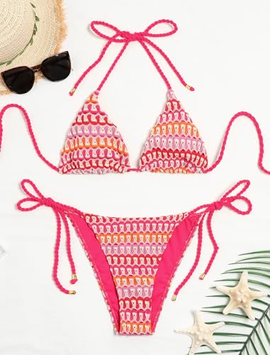 Image of ZAFUL 2 Piece Triangle Bikini for Women Knitted Rope Halter Bikini Sets Sexy Bathing Suit Side Tie Swimsuits Beachwear
