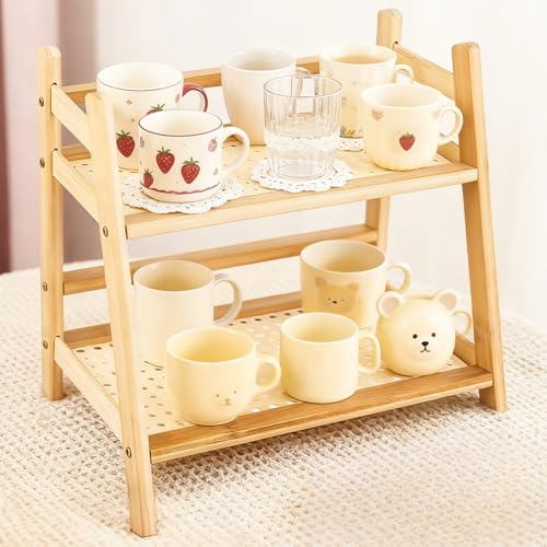 GBKDQQ Organisateur de cuisine 40 cm : Étagère à deux étages pour café, porte-tasses en bambou, porte-tasses, étagère de rangement, étagère à...