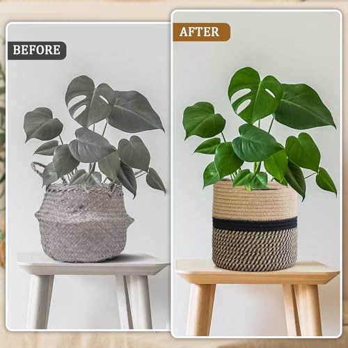 huipinghu 20cm Cotton Woven Plant Pot | Breathable Indoor Planter Basket for Potted Plants | Built-in Handles - 20x20cm for Boho Home Decor & Herbs (Black+Yellow) - Image 8